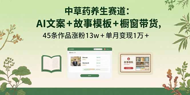 中草药养生赛道：AI文案+故事模板+橱带货，45条作品涨粉13w+单月变现1万+