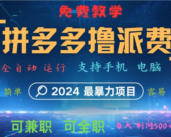 拼多多撸派费,2024最暴利的项目。软件全自动运行,日下1000单。每天利润500+,免费