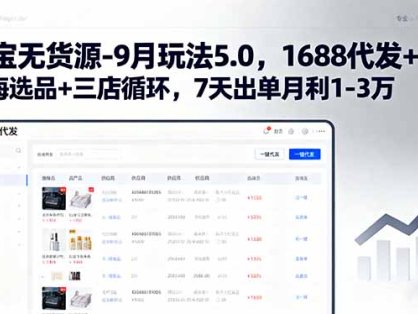 淘宝无货源-9月玩法5.0，1688代发+蓝海选品+三店循环，7天出单月利1-3万