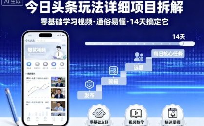 今日头条玩法详细项目拆解，零基础学习视频 通俗易懂 14天搞定它